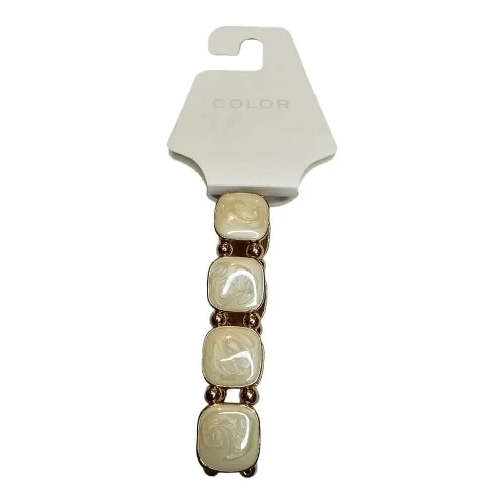Stretch Bracelet with a swirled Cream and Gold Color, Gold Toned Beads N…